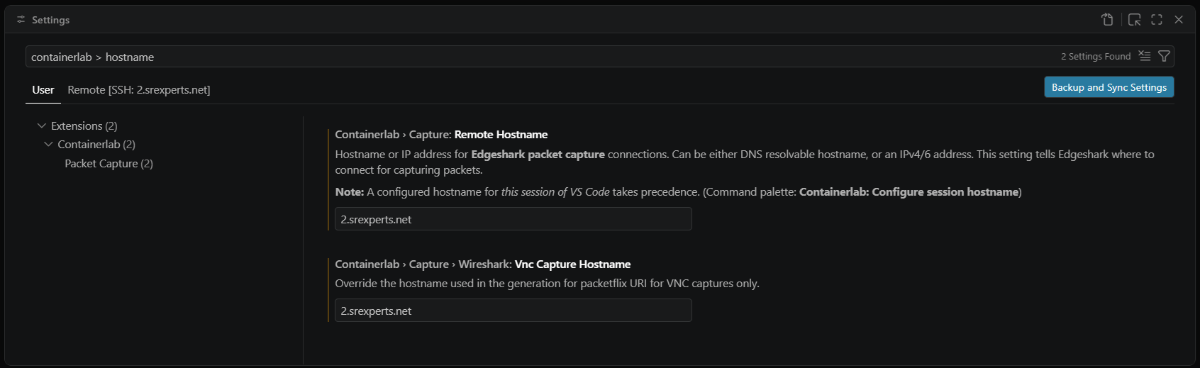 Fig. 1 - Example settings for the containerlab extension when using local VS Code. 